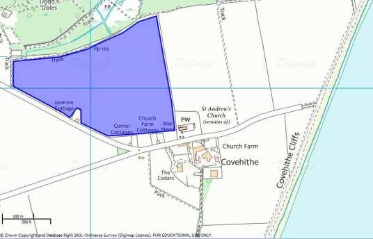 Figure : The village of Covehithe in its environment and the field available for fieldwalking highlighted in blue (Map copyright