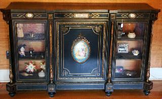 6". Two floral decorated enamel dresser boxes. 88 $75 - $150 89 Early Victorian painted porcelain panel- Mother and Child. Lot # 463 463 Georgian mahogany drop leaf dining table.