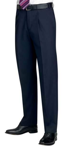 50) LANGHAM Trouser (Navy) Classic fit, single pleat trouser, 2 side pockets, 1 rear pocket. Machine washable. Sizes: 28" - 48" waist in inside leg lengths S-29.5", R-31.