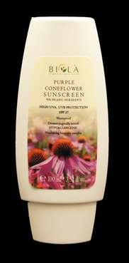 BIOLA829 PURPLE CONEFLOWER SUNCREEN LOTION MEDIUM SPF 27 Dermatologically tested hypoallergenic. Water-resistant sunscreen lotion with natural pigments.