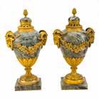half-19th century; each panel with potted floral decoration and gilt accents, 10 in H, 5 in Sq Est $400-500 Pair French Empire Bronze Urns first quarter-19th century; each with gilt bronze Nike