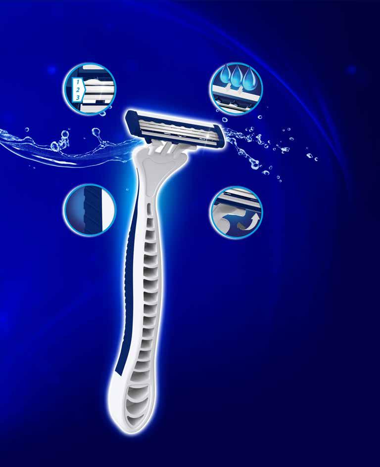 3 Blade Technology for smooth & close shave Lubricating strip with vitamin E for a comfortable shave Spring biased pivoting head for a perfect touch Ergonomic grip with anti-slip rubber