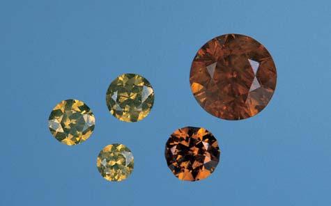 10 ct) illustrate the range of color in which the San Benito County material occurs. The greenish yellow stones are typically smaller than those with warmer yellow to-orange hues.