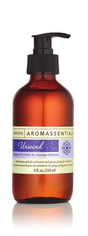 UNWIND MASSAGE OIL Lightweight, non-greasy oil glides on smoothly to moisturize skin proprietary, calming Unwind Essential Oil Blend Passion fruit oil, an emollient, nourishes dry skin and