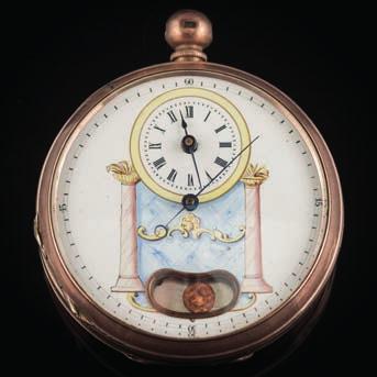 203 A gentleman s open face pocket watch the enamel dial with hand painted mantel clock with visible pendulum, the dust cover stamped DUPLEX PENUDLE,