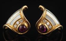 223 A pair of multi-gem-set ear clips of wing design with emeralds, sapphires, rubies and white paste, earrings unmarked, each