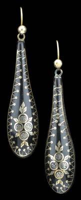 66 A PAIR OF VICTORIAN TORTOISESHELL PIQUE WORK EARPENDANTS, each of tear-drop shape, inset both sides with gold and silver pique work of