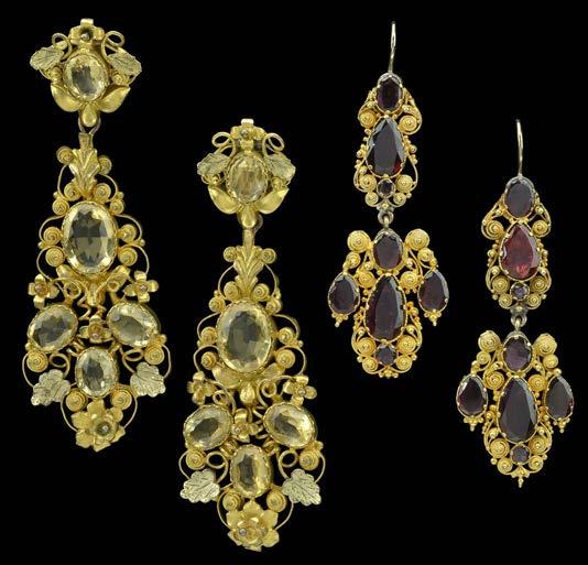 i 69 A PAIR OF 19TH CENTURY CITRINE CANNETILLE EARPENDANTS AND A PAIR OF GARNET EARPENDANTS, BOTH CIRCA 1820-1830, the first pair gilt metal mounted, and set with oval mixed-cut citrines, the