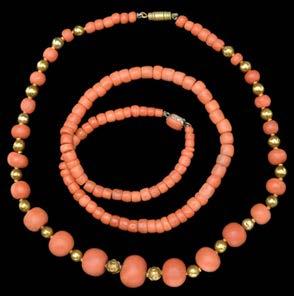 146 TWO 19TH CENTURY CORAL NECKLACES, both composed of coral, Corallium rubrum, beads, the first necklace of graduating beads, spaced by small gold beads between, later restrung, with additional