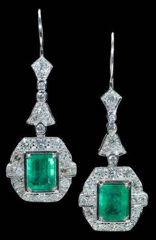 159 A PAIR OF ART DECO STYLE 18CT WHITE GOLD MOUNTED DIAMOND AND EMERALD EARPENDANTS, each with pendant drop centred with a rectangular step-cut
