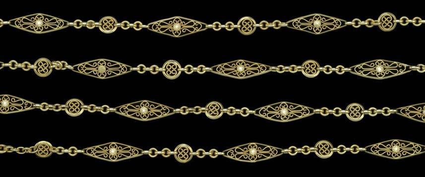 172 A FRENCH GOLD PIERCED LINK CHAIN NECKLACE, composed of lozenge-shaped filligree links spaced by small roundels, ring bolt clasp stamped with lozenge-shaped maker s mark, and guarantee mark, (link