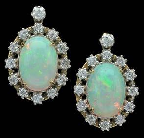 180 A PAIR OF OPAL AND DIAMOND OVAL CLUSTER EAR PENDANTS, each with central oval cabochon opal in four claw setting, within a border of twelve brillantcut diamonds, beneath single stone diamond