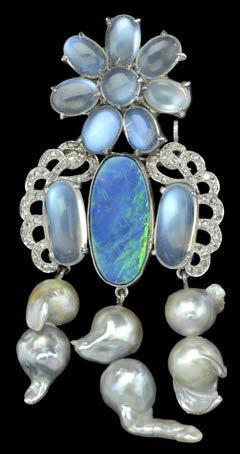1800-2000 181 A MOONSTONE, DIAMOND, OPAL DOUBLET AND BAROQUE PEARL BROOCH, the central oval opal doublet millegrain collet set between a pair of scrolled motifs of cabochon moonstones and rose-cut