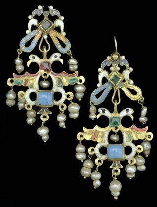 188 A PAIR OF ANTIQUE ENAMEL AND PEARL EARRINGS, the openwork panel drops incorporating ribbon bow and brid motifs, decorated back and front with polychrome enamel, suspending a fringe of graduated