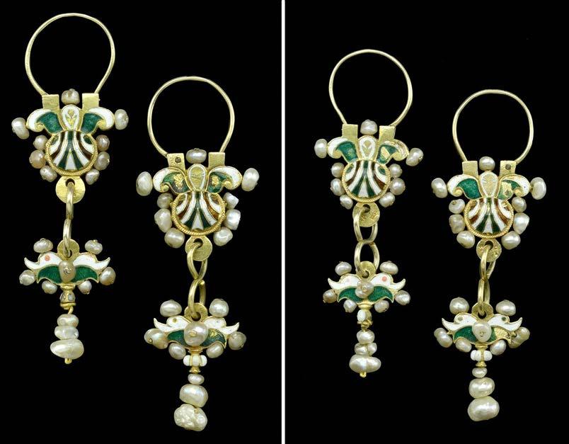 190 A PAIR OF ANTIQUE PORTUGUESE ENAMEL AND PEARL EARPENDANTS, the scrolled panel surmount with domed centre, suspending similar scrolled panel drops below incorporating dolphin motifs, decorated to