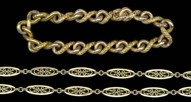 400-600 193 A FRENCH GOLD LONG FANCY-LINK CHAIN NECKLACE, composed of openwork marquise-shaped links, stamped with French assay marks, (indistinct), the later ring bolt clasp stamped with oval French