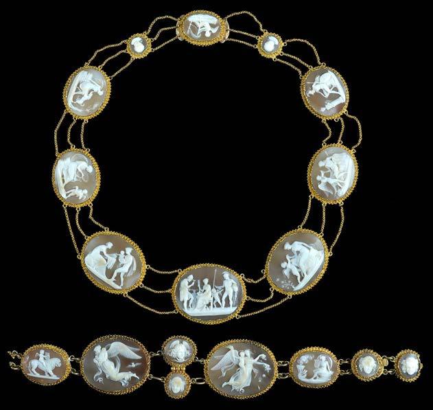 204 AN EARLY 19TH CENTURY GOLD MOUNTED SHELL CAMEO SUITE, comprising a necklace of ten oval or round graduating panels carved to depict classical and mythological scenes, each panel in pinched collet