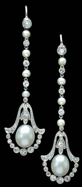 245 A PAIR OF BELLE EPOQUE NATURAL PEARL AND DIAMOND DROP EARPENDANTS, each ovoid pearl mounted within a flared millegrained drop set with single-cut diamonds, with a swag of millegrained collet set