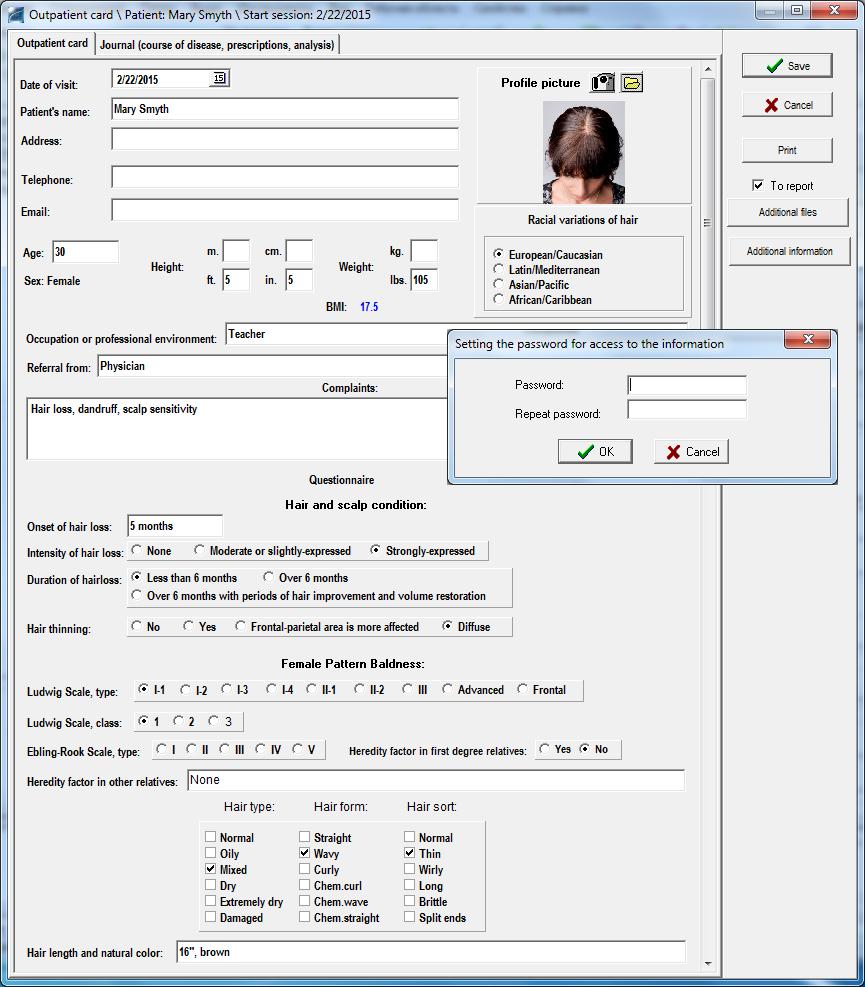 The Oupatient card for new patients entry is built to include a comprehensive list of features that should be considered in management of patients with hair and scalp diseases or disorders.