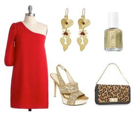 Frugal style tip: Check out the sales rack for a simple RED dress... Now add gold sparkly accessories you already own + shoes... DON T spend too much.