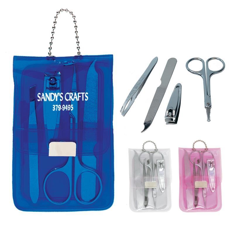 Vinyl Manicure Set Kit Includes Scissors, Nail Clippers, Nail File, and Tweezers Bead Chain Attachment 2